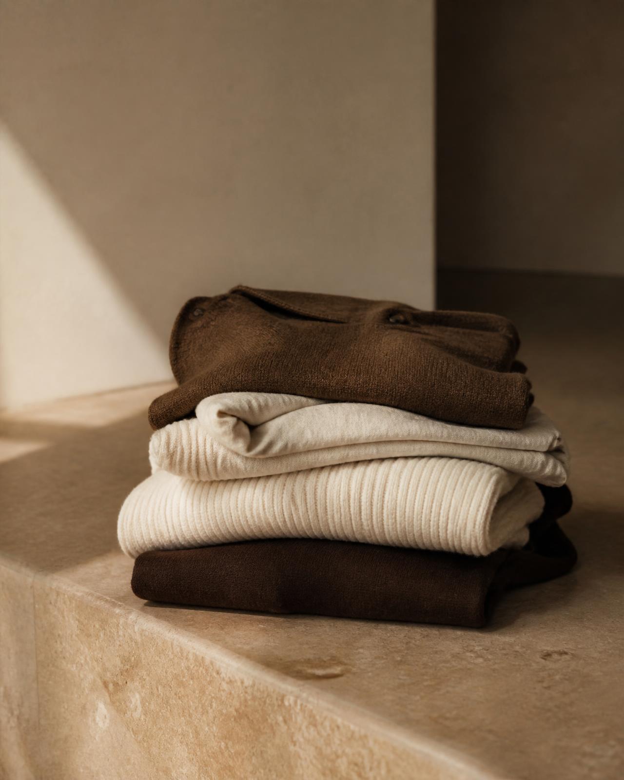 Folded heavyweight garments in cream and brown on warm stone